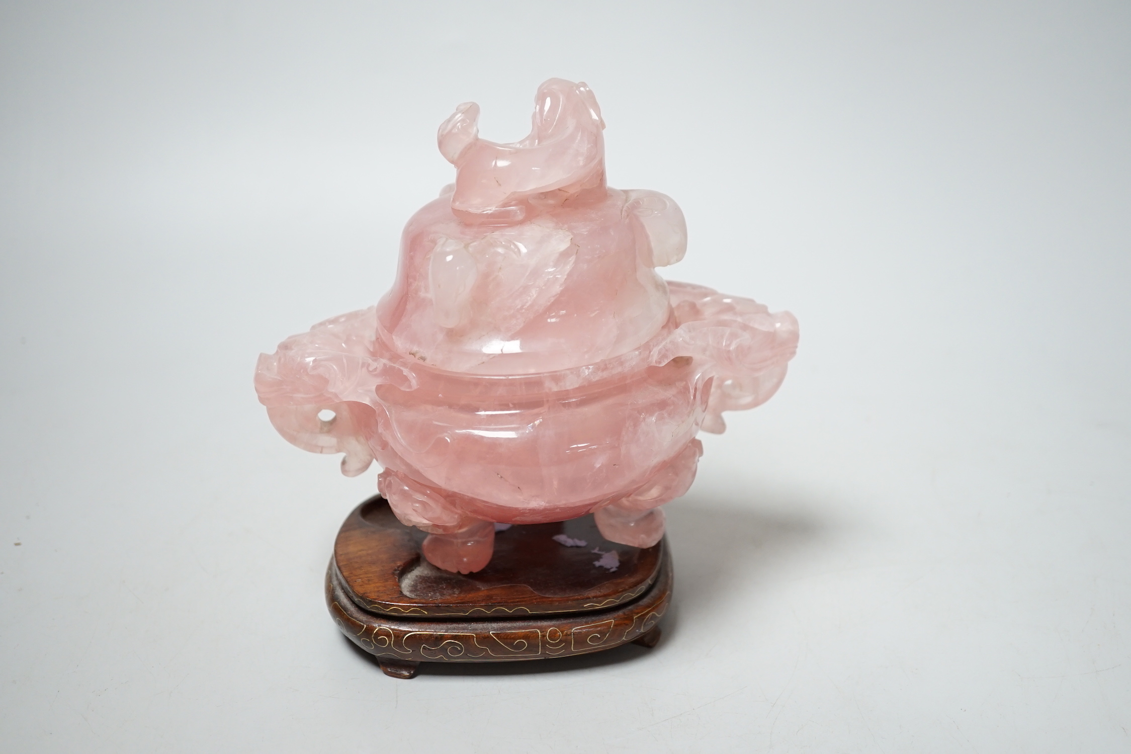 A Chinese rose quartz censer and cover, 13cm high, wood stand